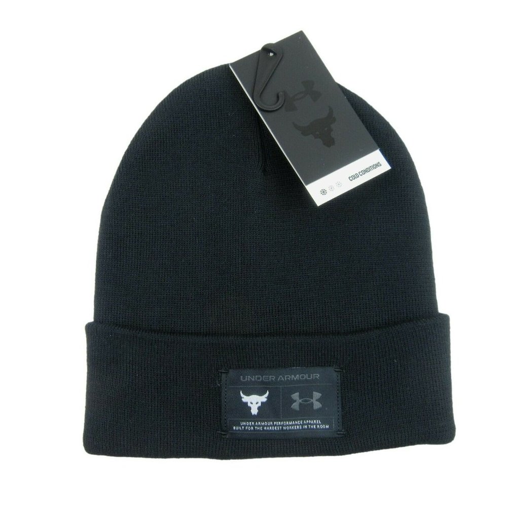 Under Armour Project Rock Cuff Beanie HAT Men's One Size Fit Black Patch Logo